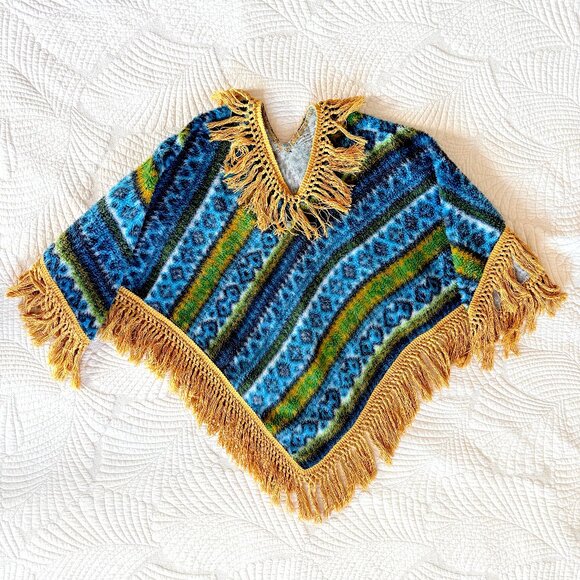 Fuzzy Boho Blue Green Gold Fringed Blanket Poncho One Size - Picture 1 of 9